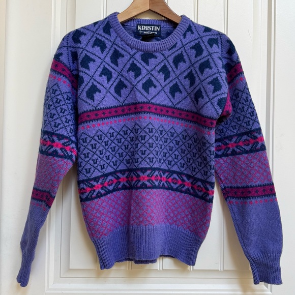 Kristin for Miller’s Sweaters - VTG Kristin for Miller’s Purple & Pink Wool Fair Isle Horse Motif Sweater. S